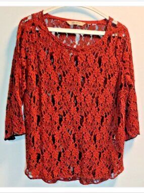 Rust Crochet Lace Top Women L Boho Sheer Layering Festival Open Knit